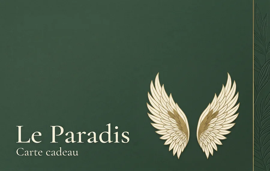 Carte cadeau Le Paradis, vert sauge et ailes dorées
