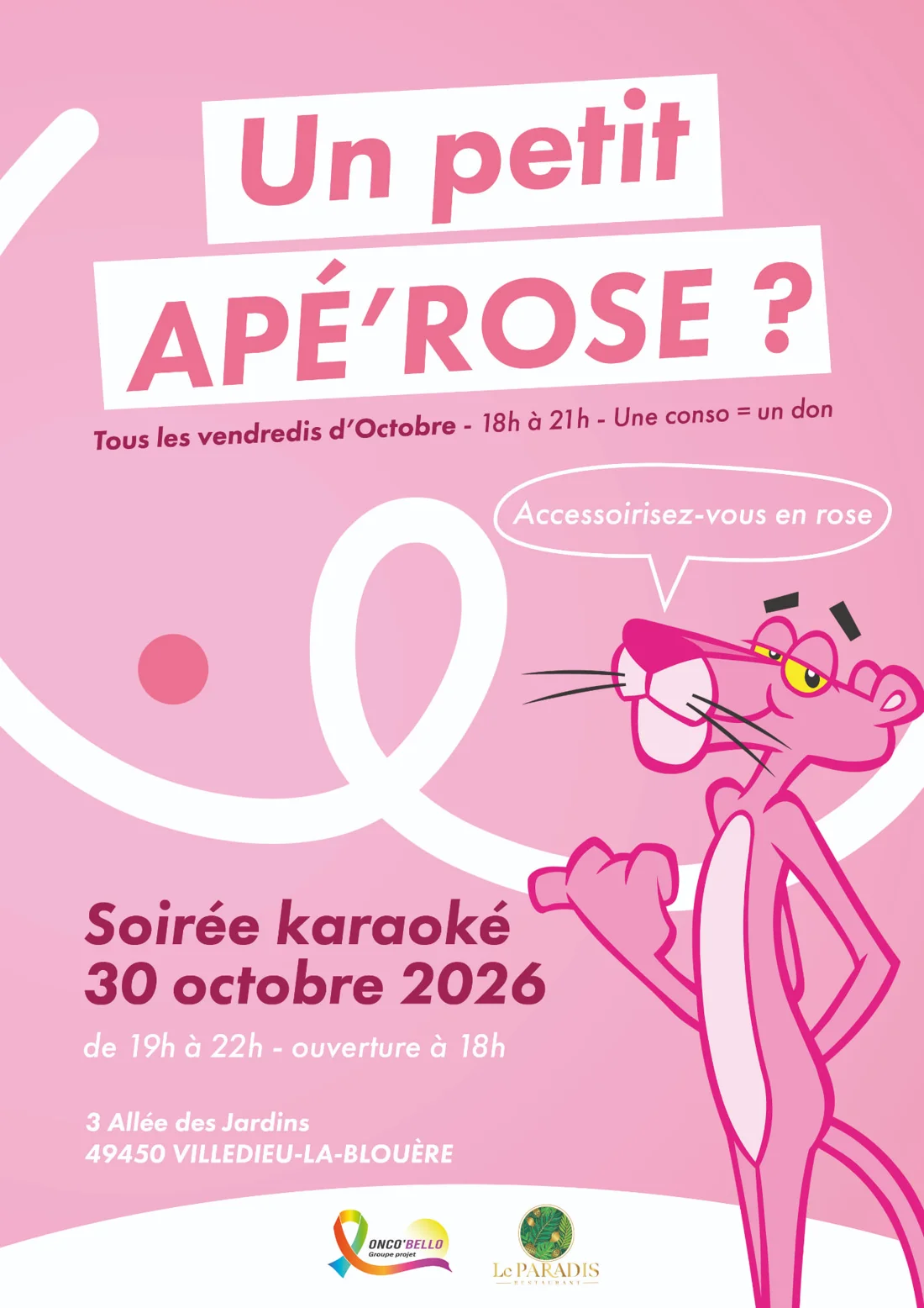 Affiche Octobre Rose : soirée karaoké le 30 octobre 2026, 19h à 22h, ouverture à 18h, soutien à Onco Bello